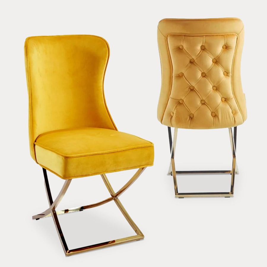 Lot de 2 chaises en velours jaune moutarde pieds en m&eacute;tal dor&eacute;