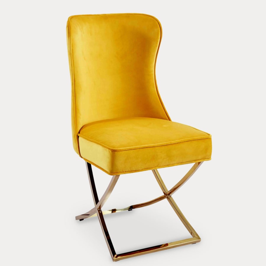 Lot de 2 chaises en velours jaune moutarde pieds en m&eacute;tal dor&eacute;