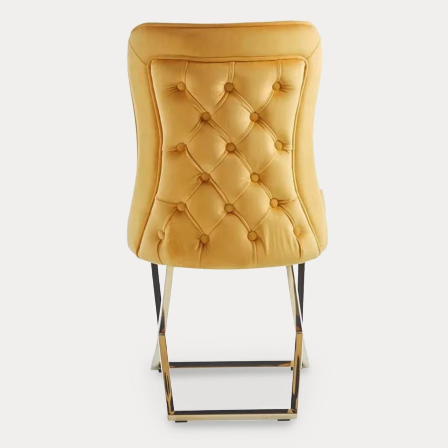 Lot de 2 chaises en velours jaune moutarde pieds en m&eacute;tal dor&eacute;