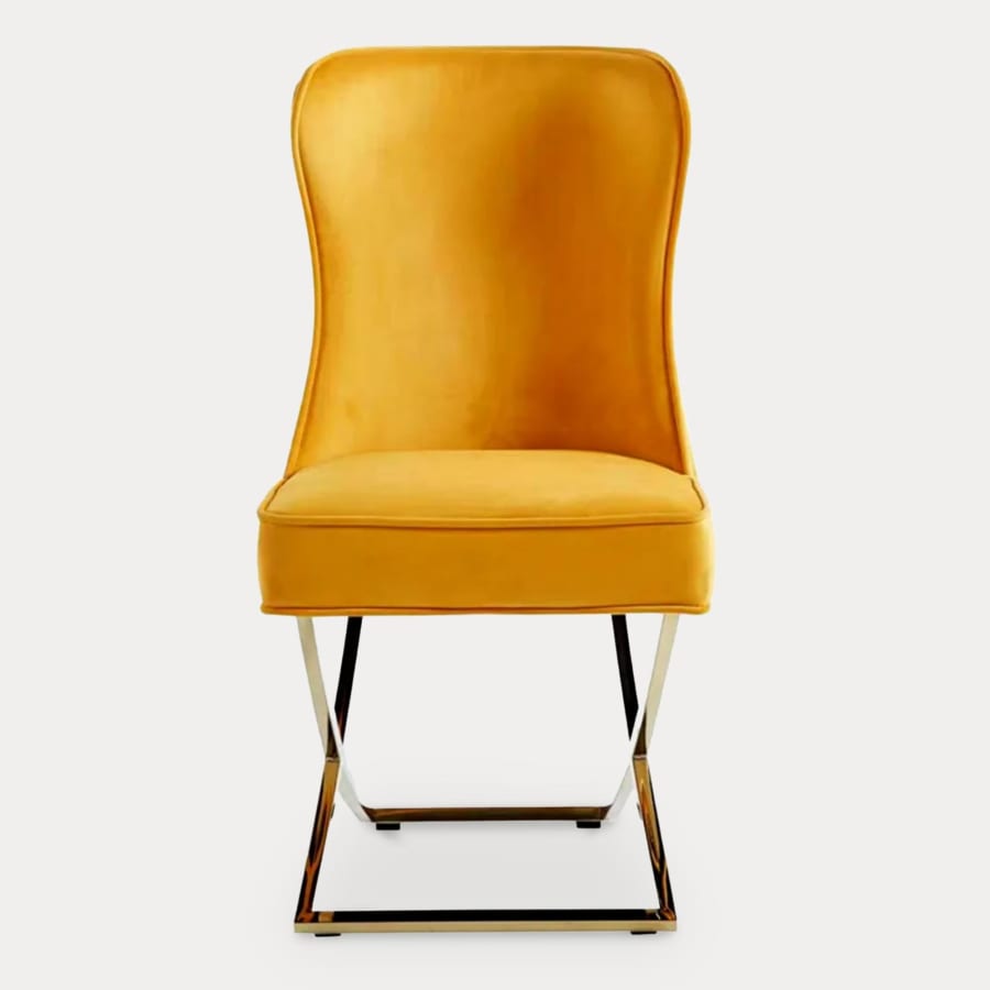Lot de 2 chaises en velours jaune moutarde pieds en m&eacute;tal dor&eacute;