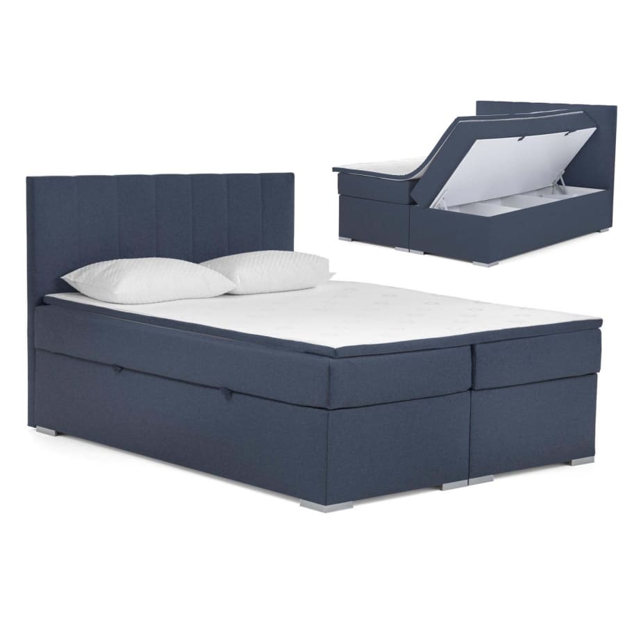 Lit boxspring 180x200 avec coffre de rangement en tissu bleu