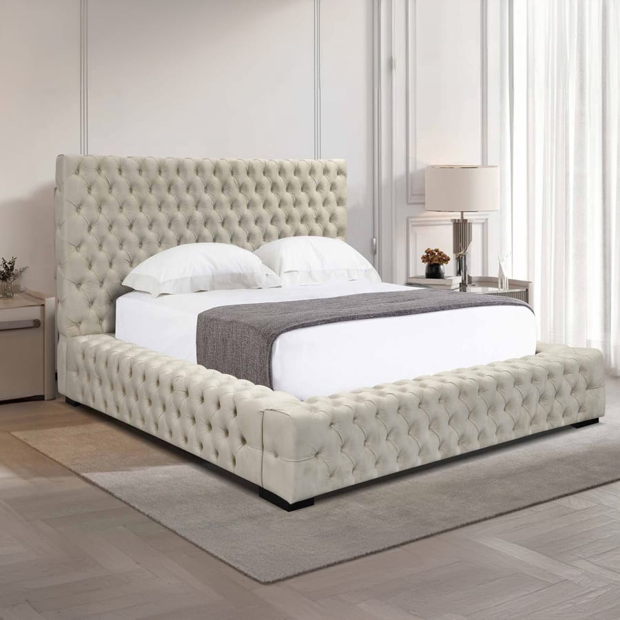 Lit capitonn&eacute; avec coffre en velours beige 160x200 cm