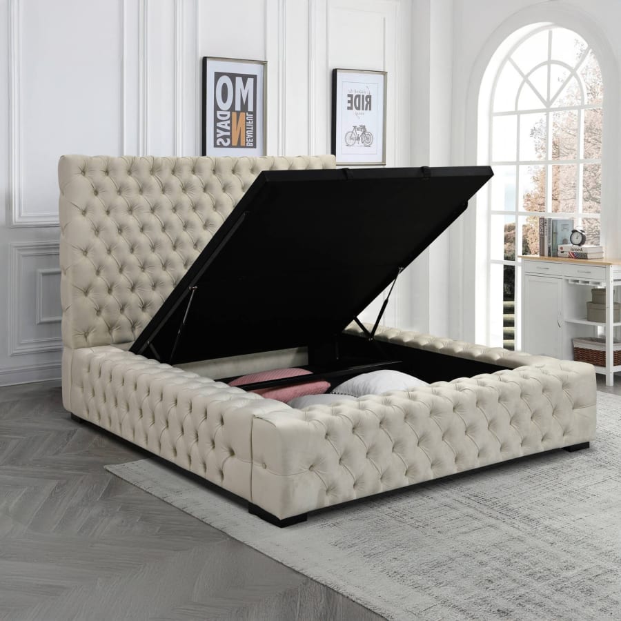 Lit capitonn&eacute; avec coffre en velours beige 160x200 cm