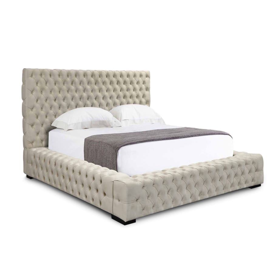 Lit capitonn&eacute; avec coffre en velours beige 160x200 cm