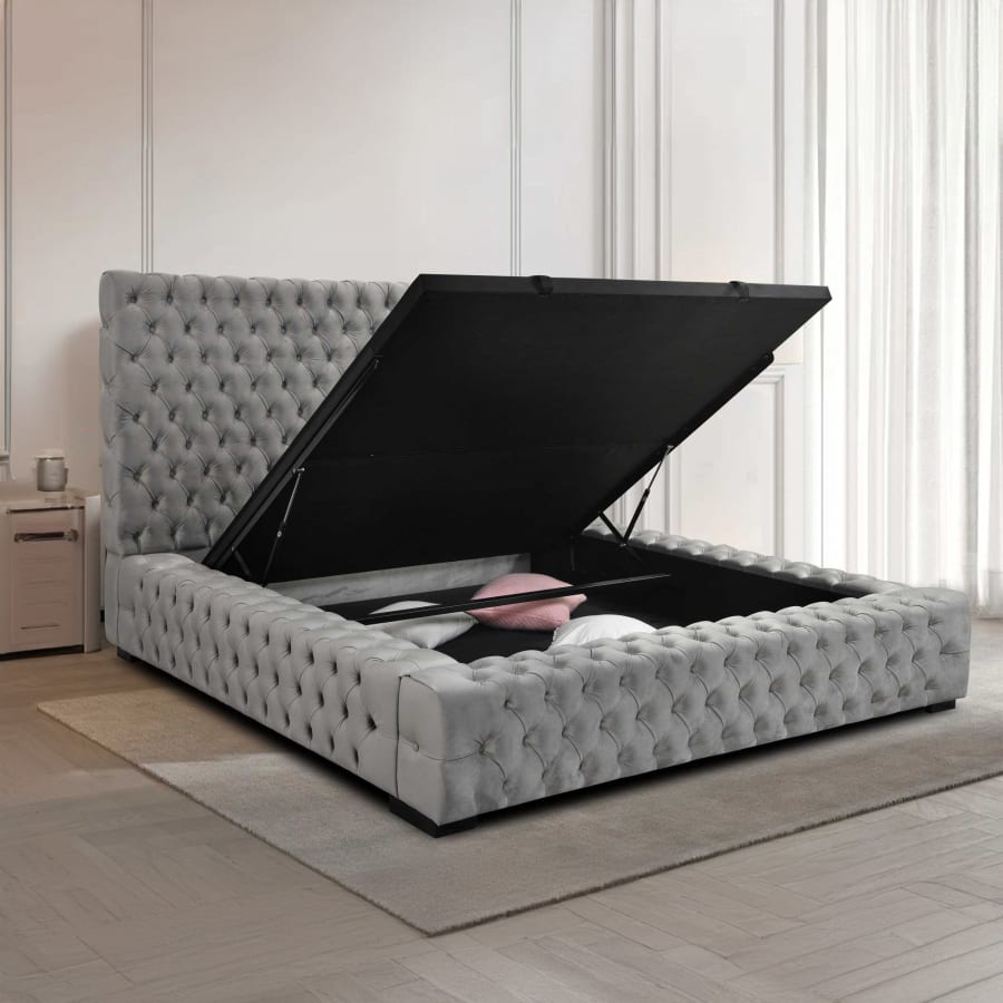 Lit capitonné avec coffre en velours gris 160x200 cm