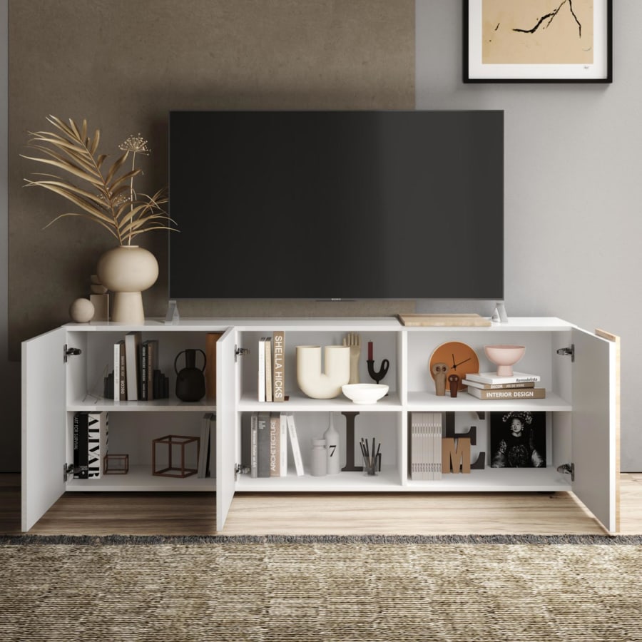 Meuble TV 3 portes bois et blanc