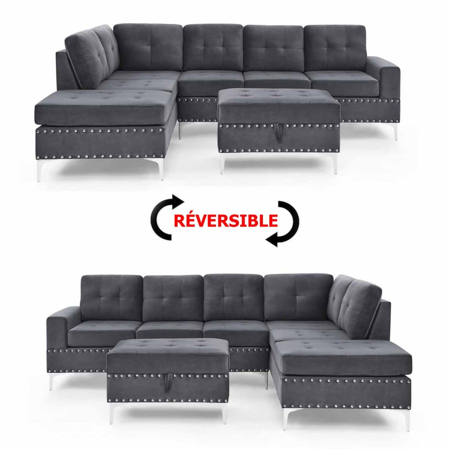 Canapé d'angle réversible avec pouf en velours gris
