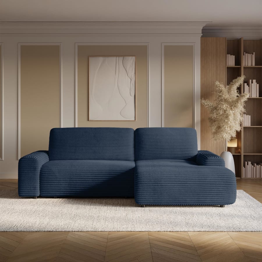 Canap&eacute; d'angle convertible avec coffre en velours c&ocirc;tel&eacute; &eacute;pais bleu - Angle droit