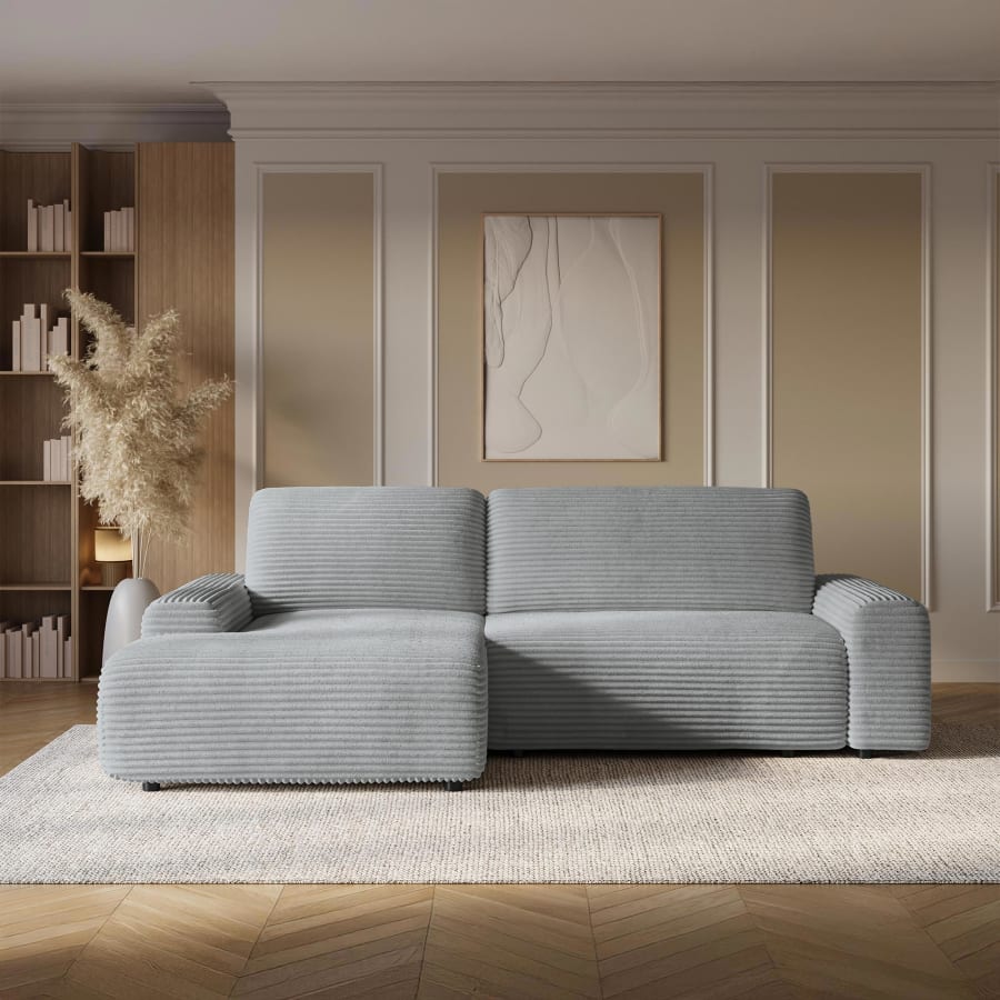 Canap&eacute; d'angle convertible avec coffre en velours c&ocirc;tel&eacute; &eacute;pais gris clair - Angle gauche