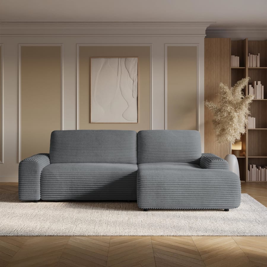 Canap&eacute; d'angle convertible avec coffre en velours c&ocirc;tel&eacute; &eacute;pais gris fonc&eacute; - Angle droit