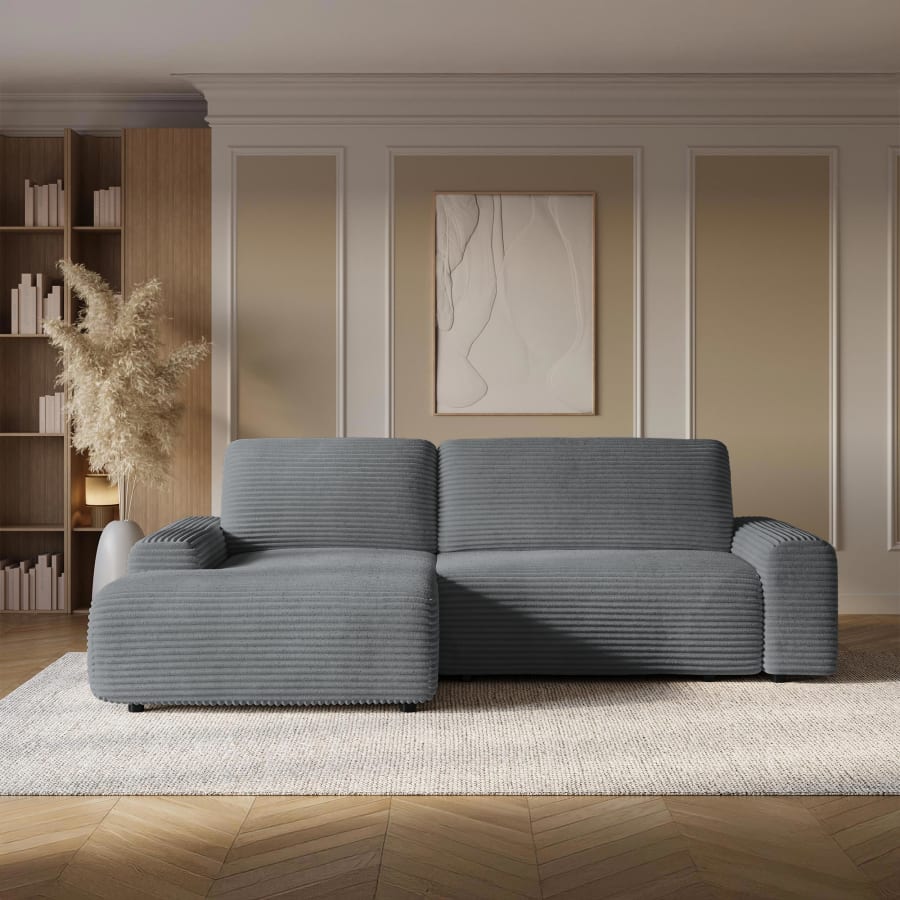 Canap&eacute; d'angle convertible avec coffre en velours c&ocirc;tel&eacute; &eacute;pais gris fonc&eacute; - Angle gauche