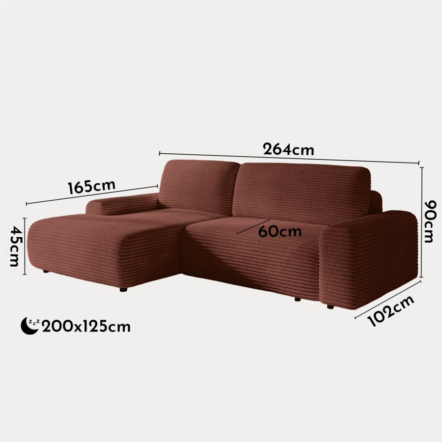 Canap&eacute; d'angle convertible avec coffre en velours c&ocirc;tel&eacute; &eacute;pais terracotta - Angle gauche