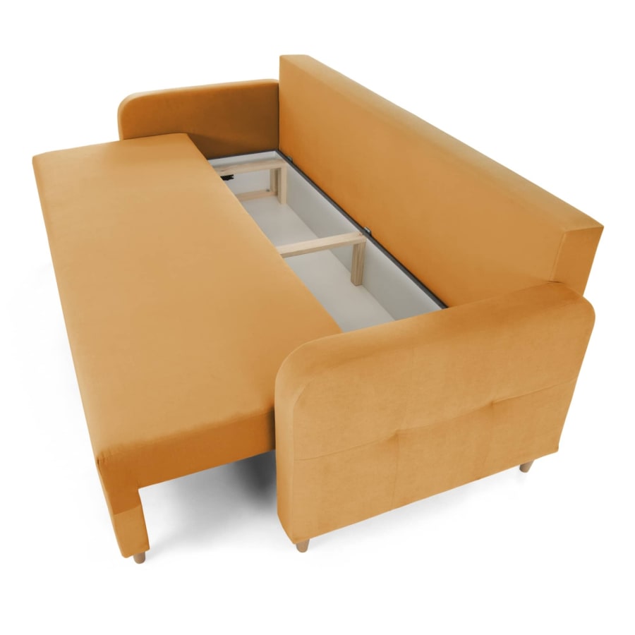 Canapé convertible avec coffre de rangement en tissu velours moutarde