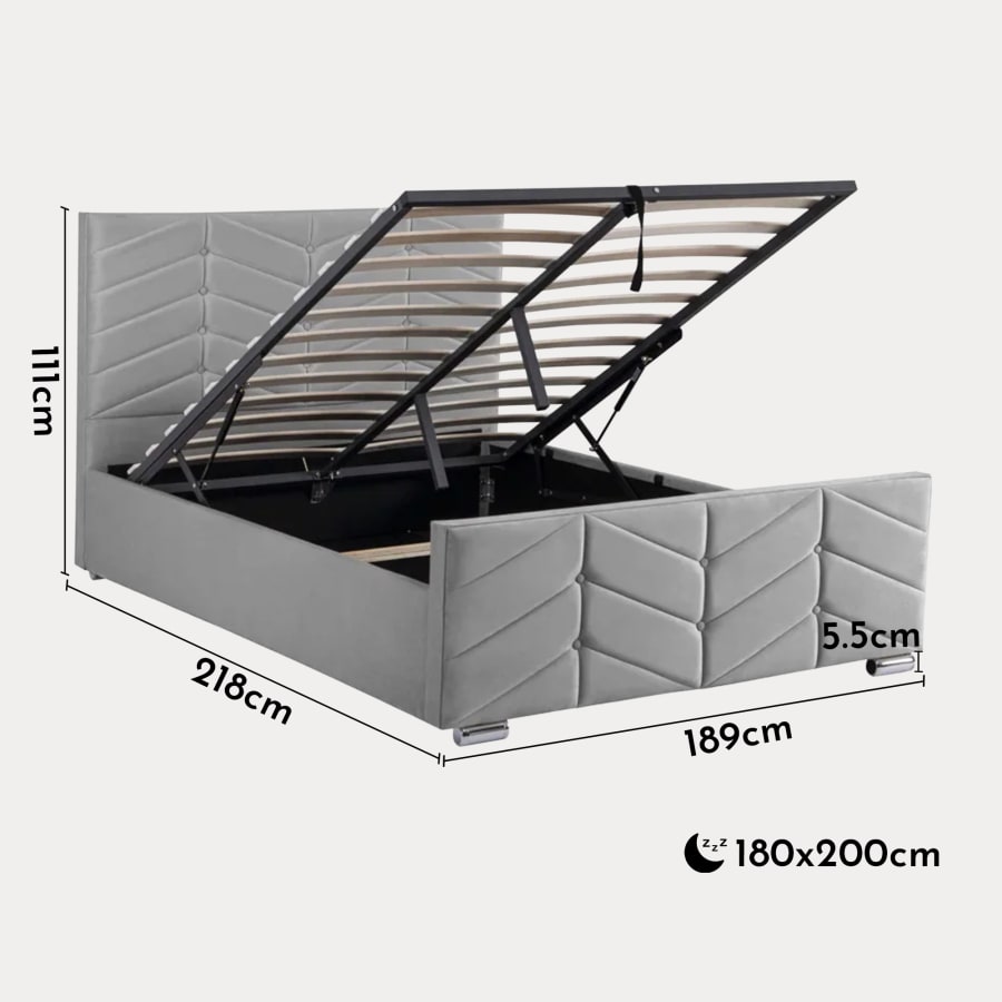 Lit coffre pour 2 personnes en velours gris 180x200 cm