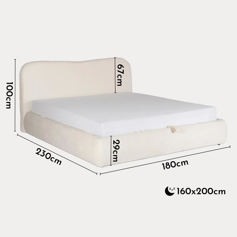 Lit double en tissu bouclette beige avec coffre 160x200 cm