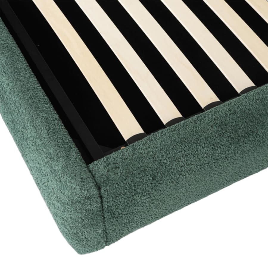 Lit double en tissu bouclette vert avec coffre 160x200 cm