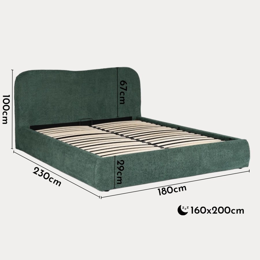Lit double en tissu bouclette vert avec coffre 160x200 cm