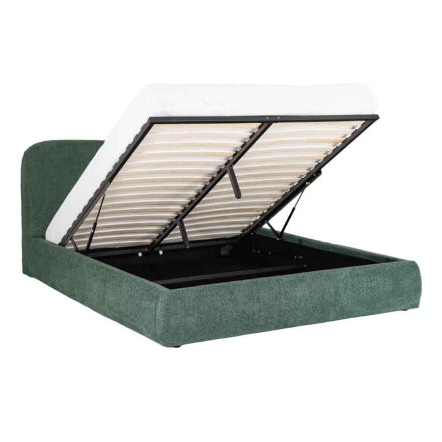 Lit double en tissu bouclette vert avec coffre 160x200 cm