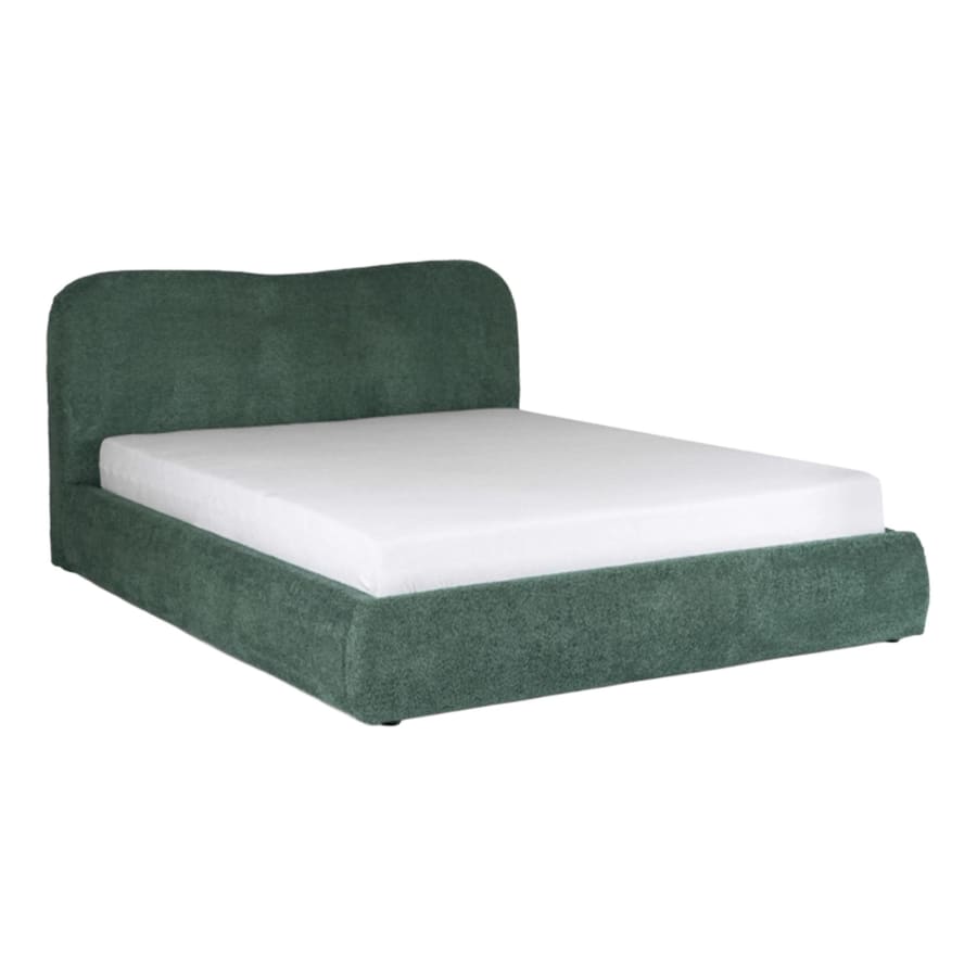 Lit double en tissu bouclette vert avec coffre 160x200 cm