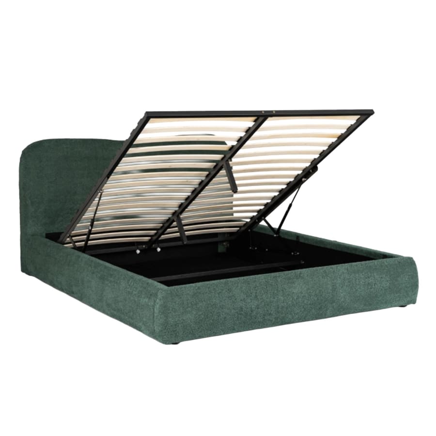 Lit double en tissu bouclette vert avec coffre 160x200 cm
