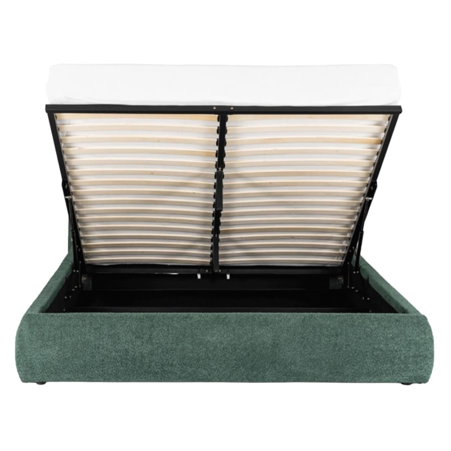 Lit double en tissu bouclette vert avec coffre 160x200 cm
