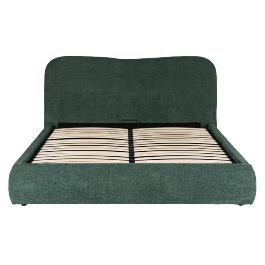 Lit double en tissu bouclette vert avec coffre 160x200 cm