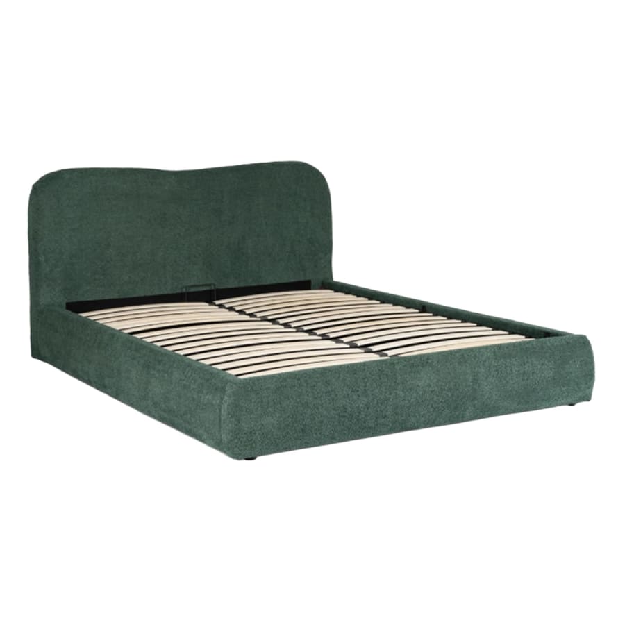 Lit double en tissu bouclette vert avec coffre 160x200 cm