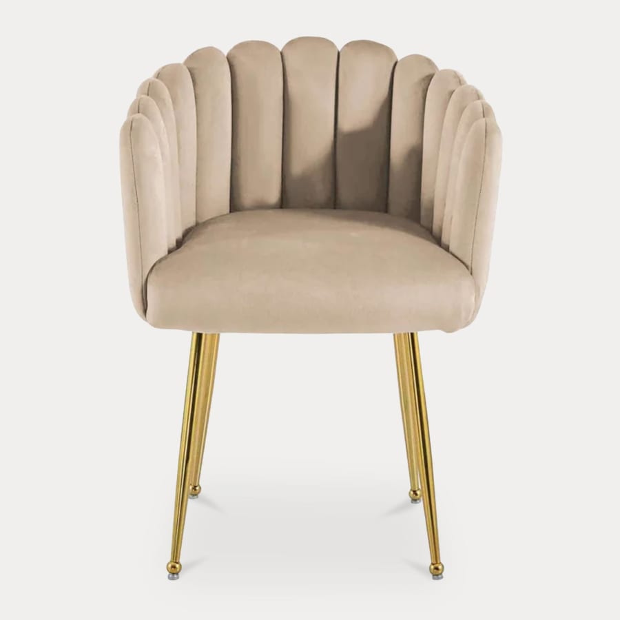 Chaise fauteuil en velours beige et pieds dorés