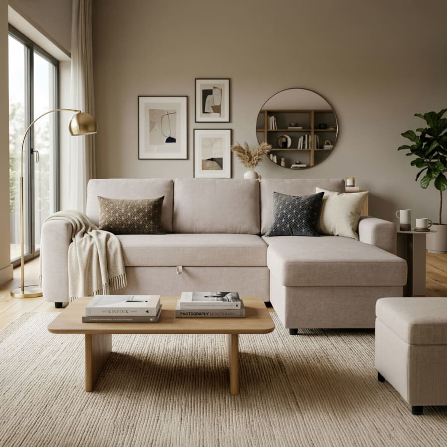 Canap&eacute; d'angle convertible et r&eacute;versible avec coffre en tissu beige