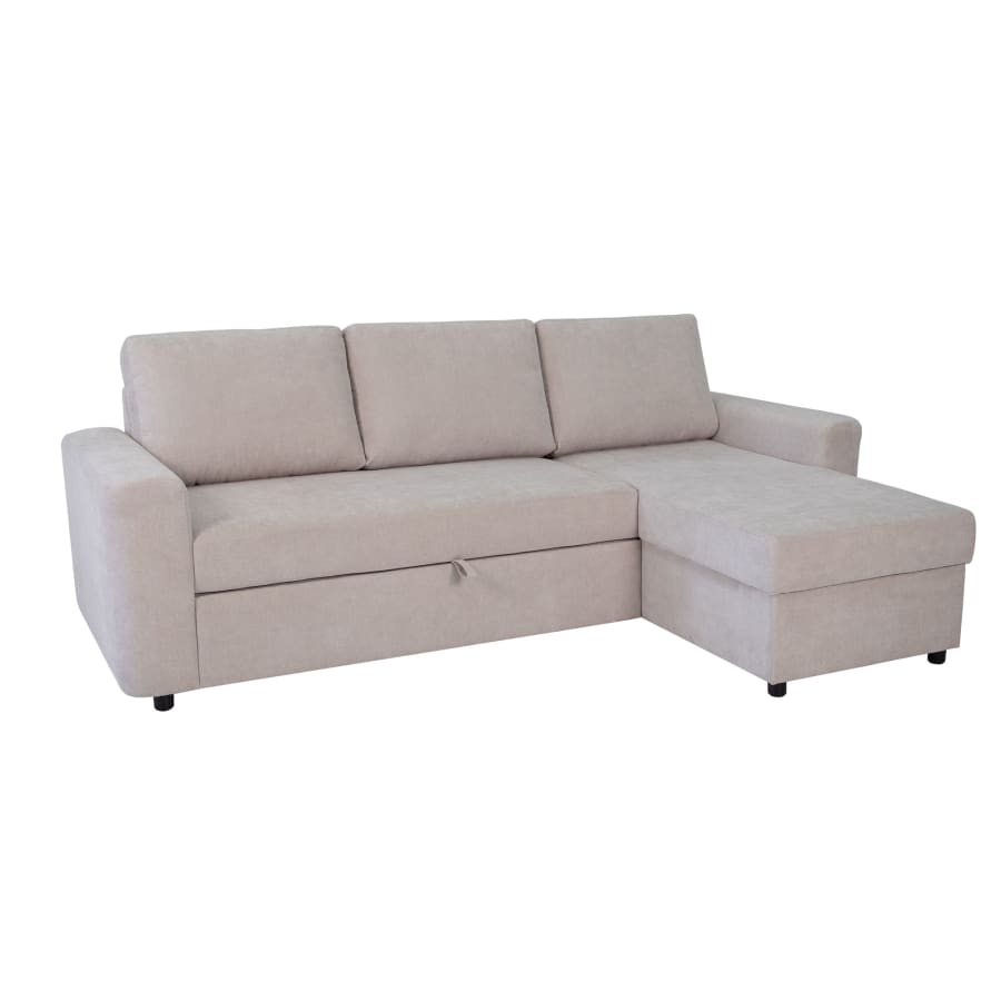 Canap&eacute; d'angle convertible et r&eacute;versible avec coffre en tissu beige