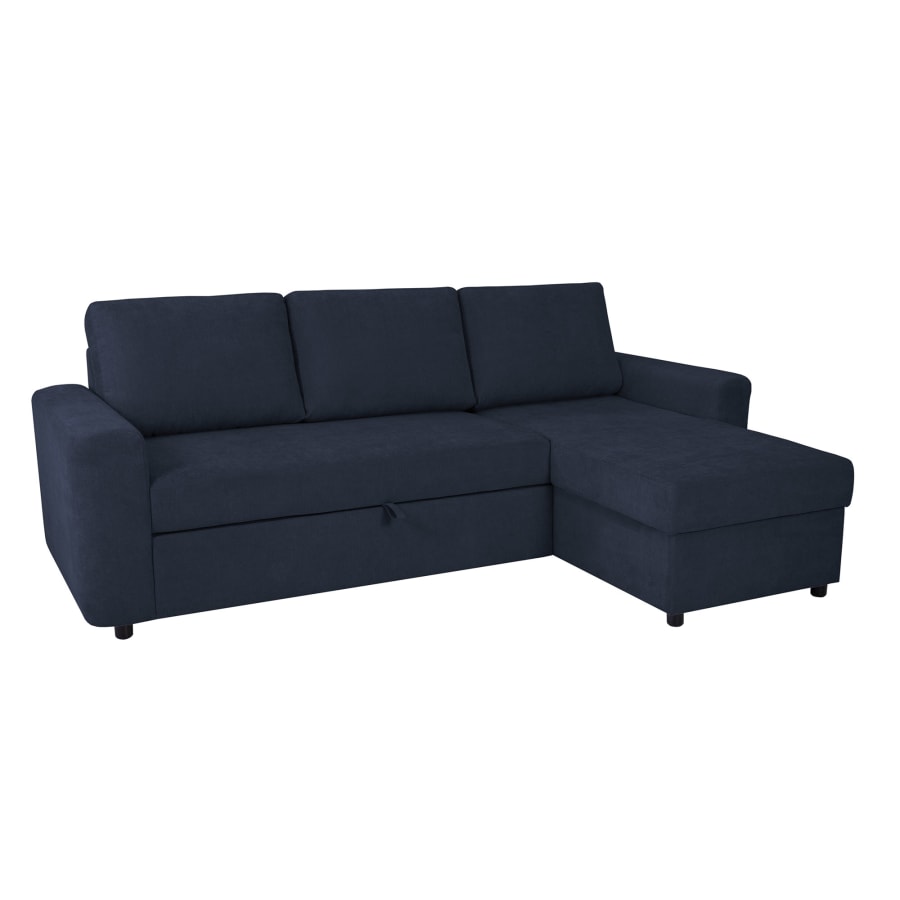 Canap&eacute; d'angle convertible et r&eacute;versible avec coffre en tissu bleu