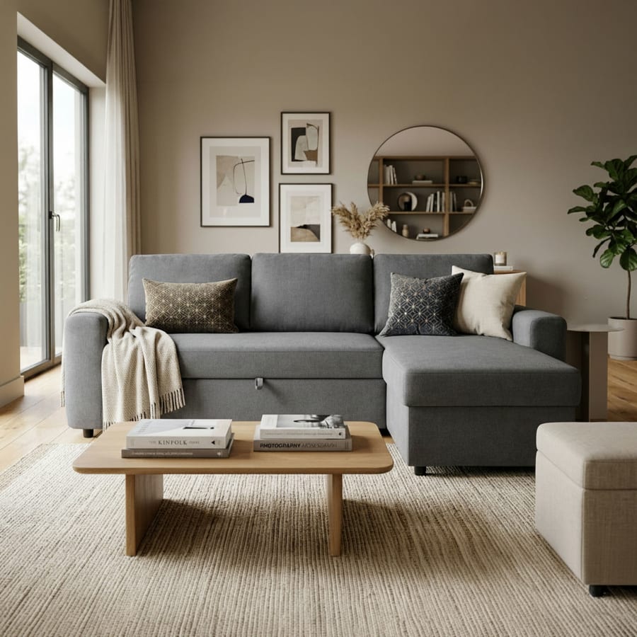 Canap&eacute; d'angle convertible et r&eacute;versible avec coffre en tissu gris fonc&eacute;