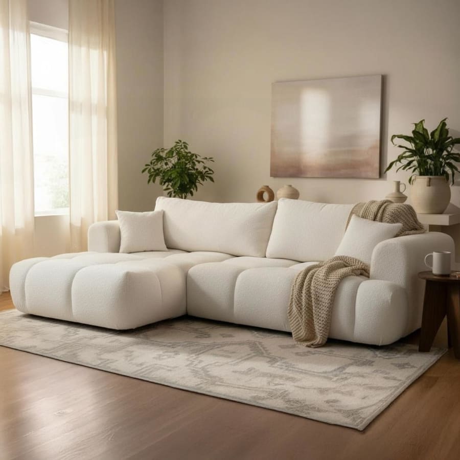 Canap&eacute; d'angle convertible en tissu bouclette beige - Angle gauche