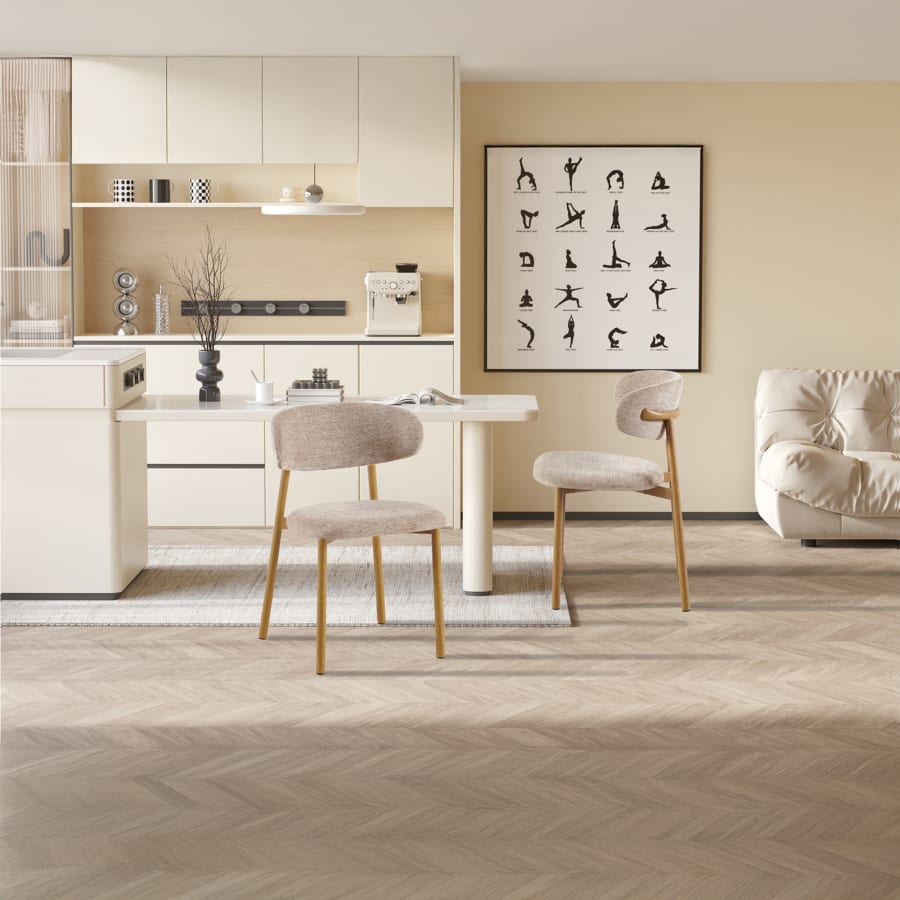 Lot de 2 chaises en tissu taupe piètement en métal couleur bois