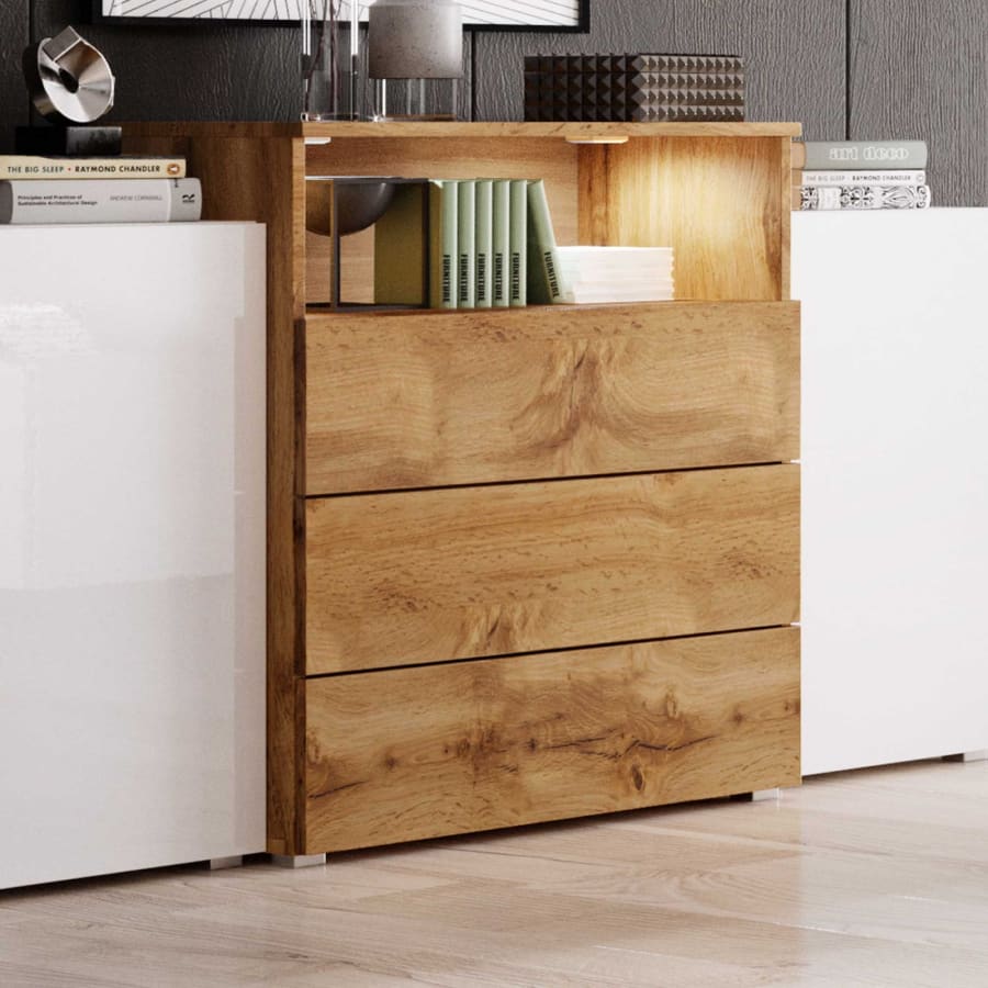 Buffet commodes 2 portes 3 tiroirs blanc et bois avec LED