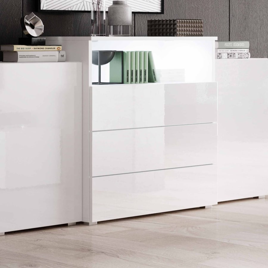 Buffet commodes 2 portes 3 tiroirs blanc laqué avec LED