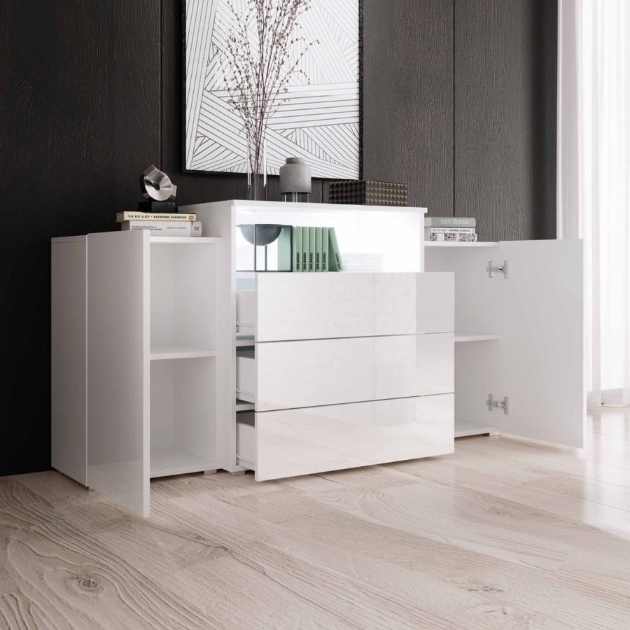 Buffet commodes 2 portes 3 tiroirs blanc laqué avec LED