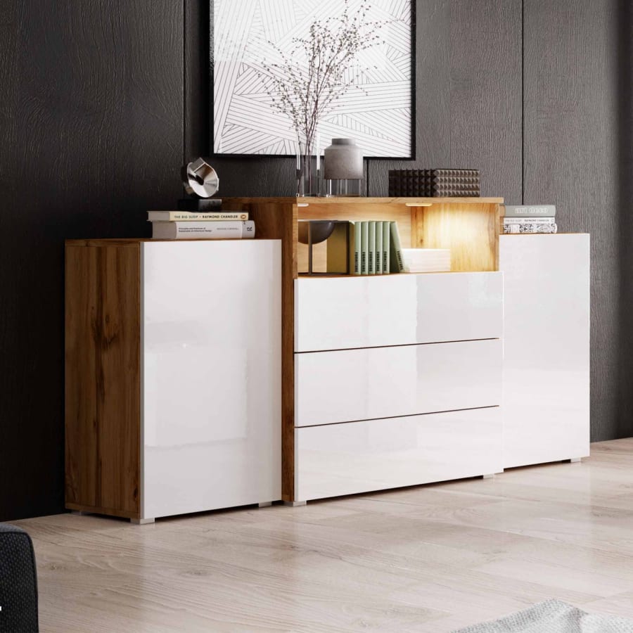 Buffet commodes 2 portes 3 tiroirs chêne et blanc avec LED