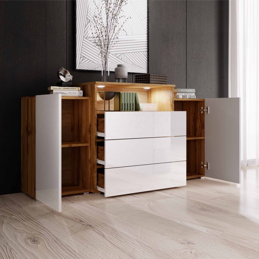 Buffet commodes 2 portes 3 tiroirs chêne et blanc avec LED