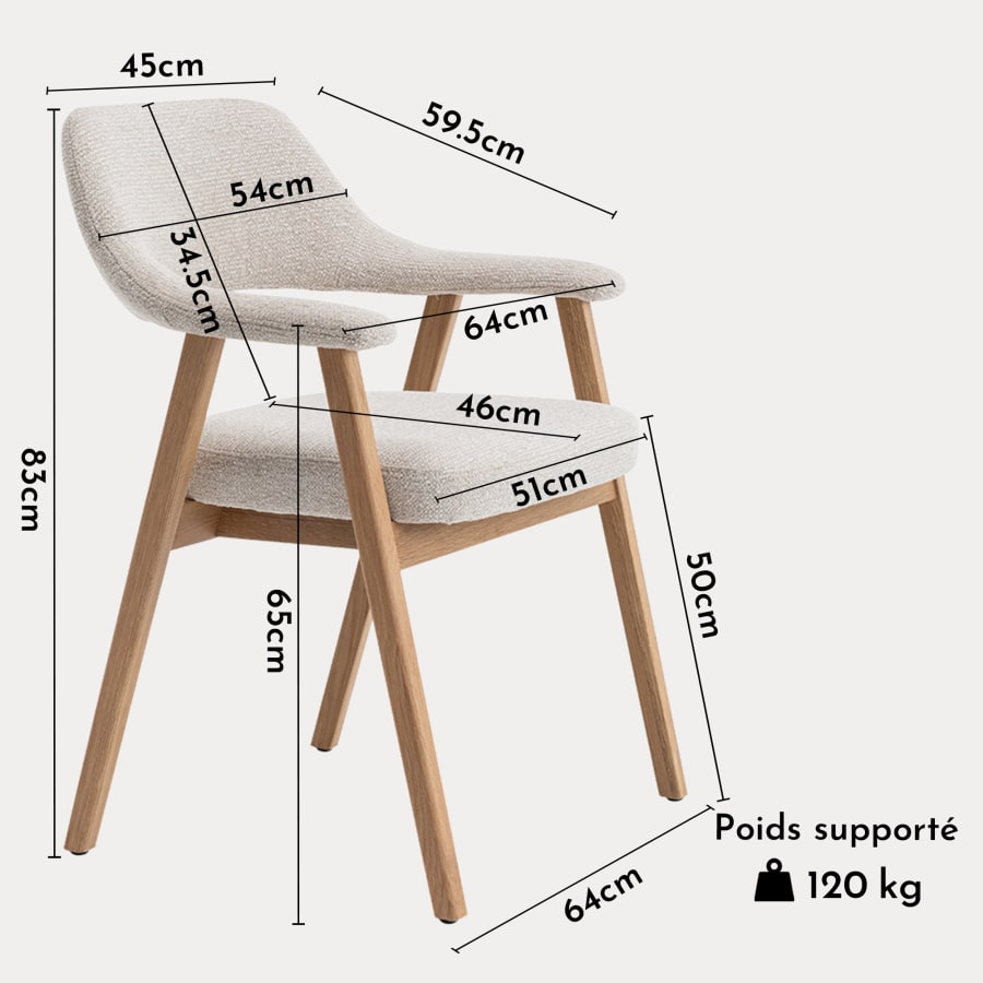 Chaise de repas en tissu beige pieds ch&ecirc;ne massif clair