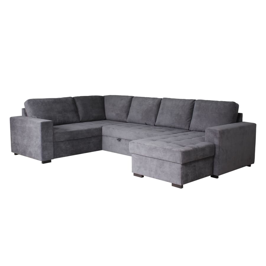 Canap&eacute; panoramique convertible avec coffre en tissu gris - Angle droit
