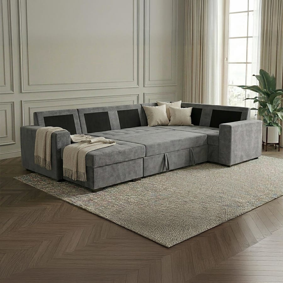 Canap&eacute; panoramique convertible avec coffre en tissu gris - Angle gauche