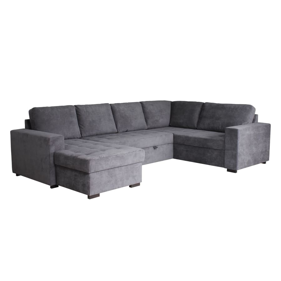 Canap&eacute; panoramique convertible avec coffre en tissu gris - Angle gauche