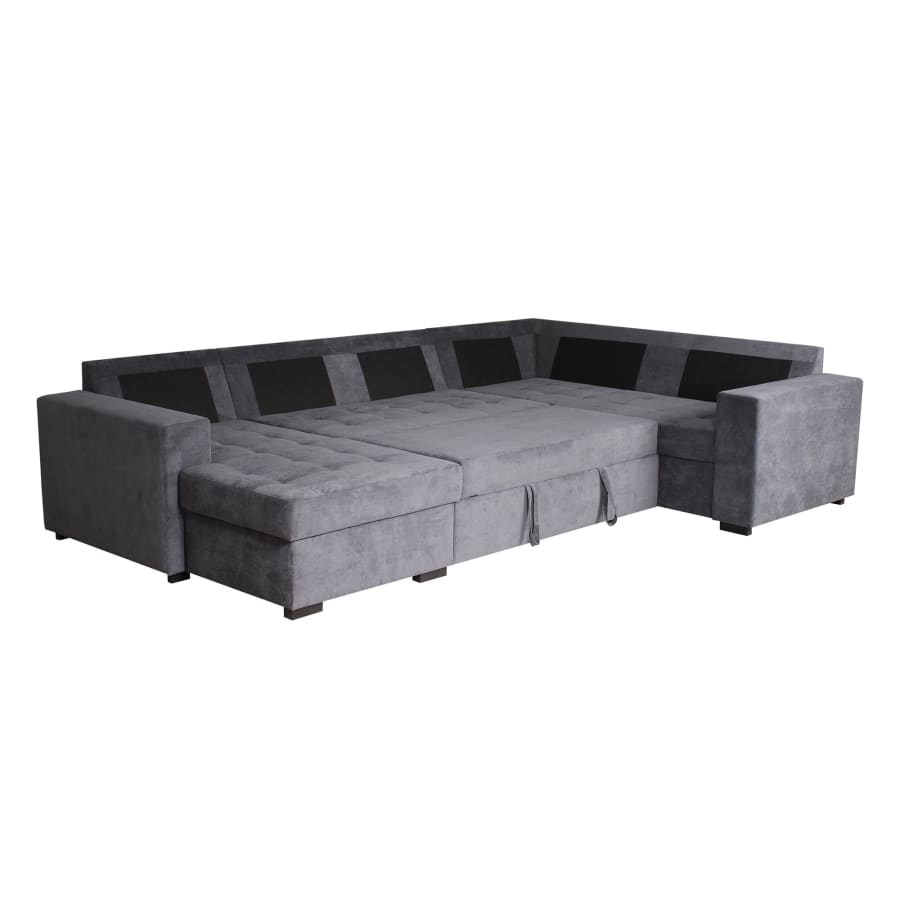 Canap&eacute; panoramique convertible avec coffre en tissu gris - Angle gauche