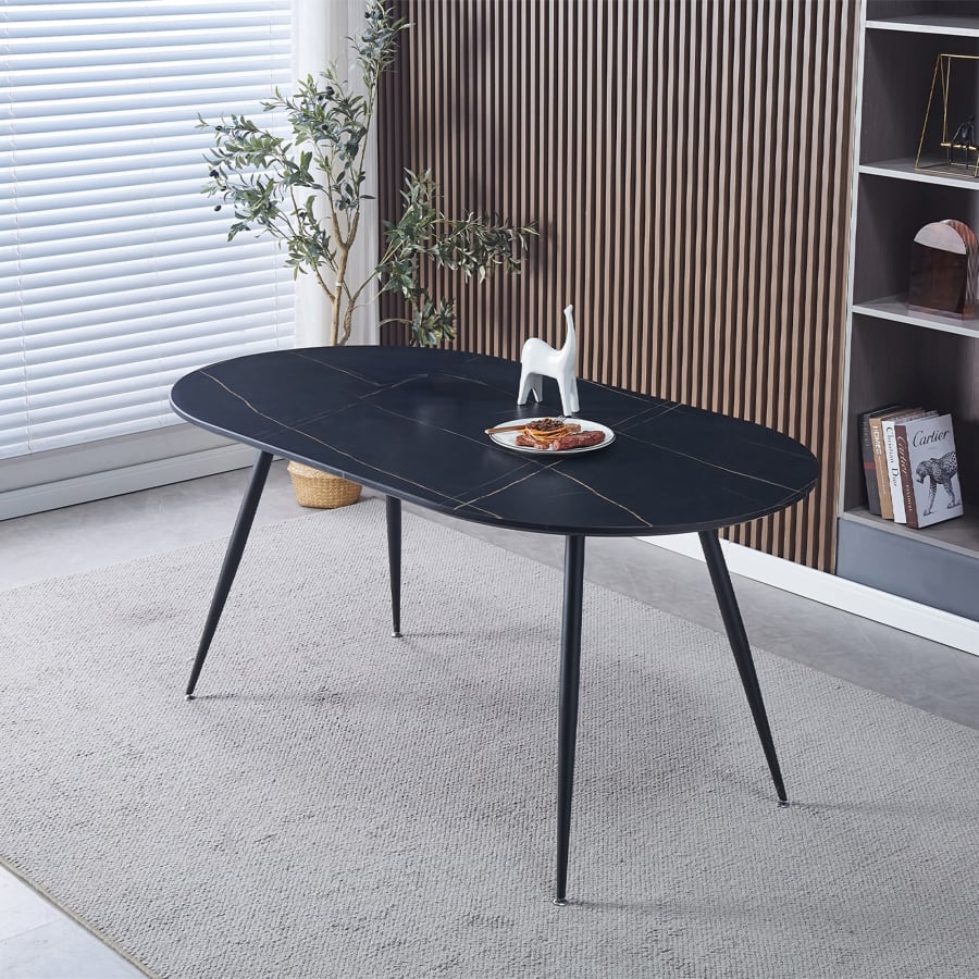 Table &agrave; manger design ovale effet marbre noir