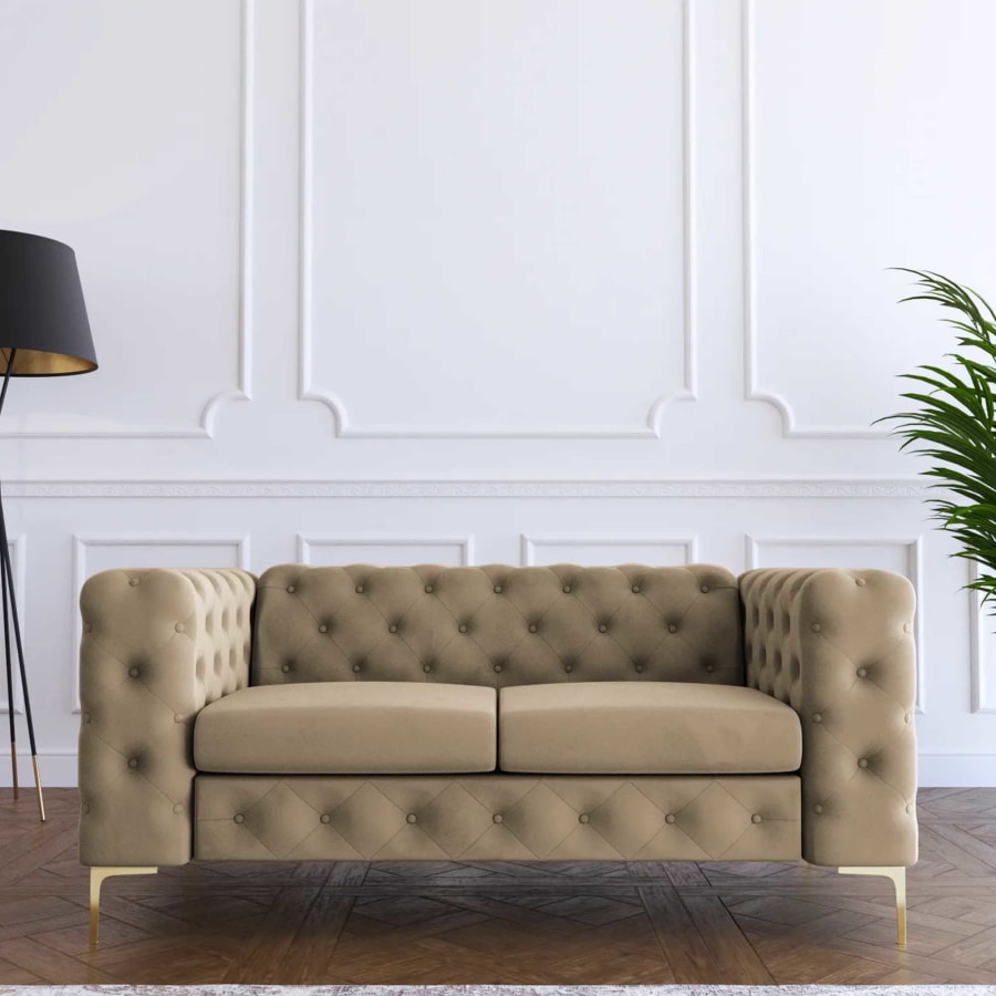 Canapé chesterfield 2 places en velours beige