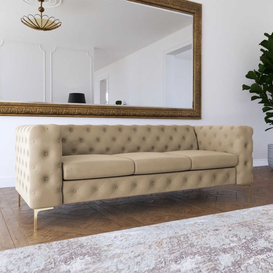 Canap&eacute; chesterfield 3 places en velours beige
