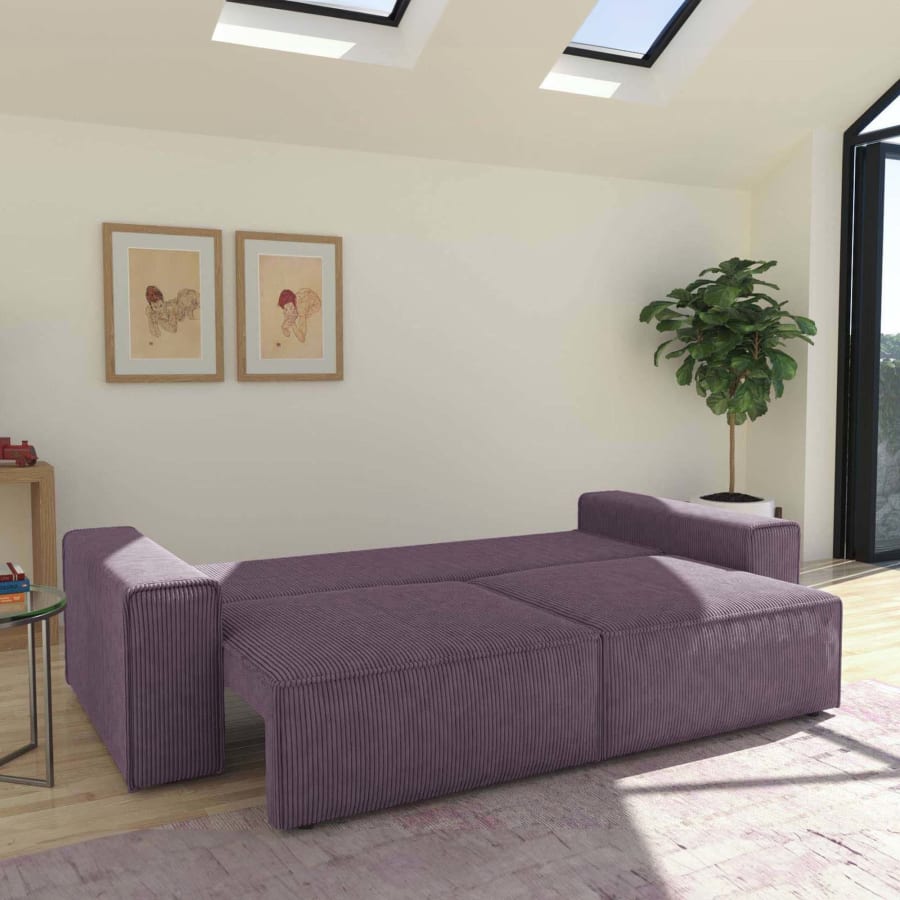 Canap&eacute; convertible avec coffre de rangement en velours c&ocirc;tel&eacute; lilas