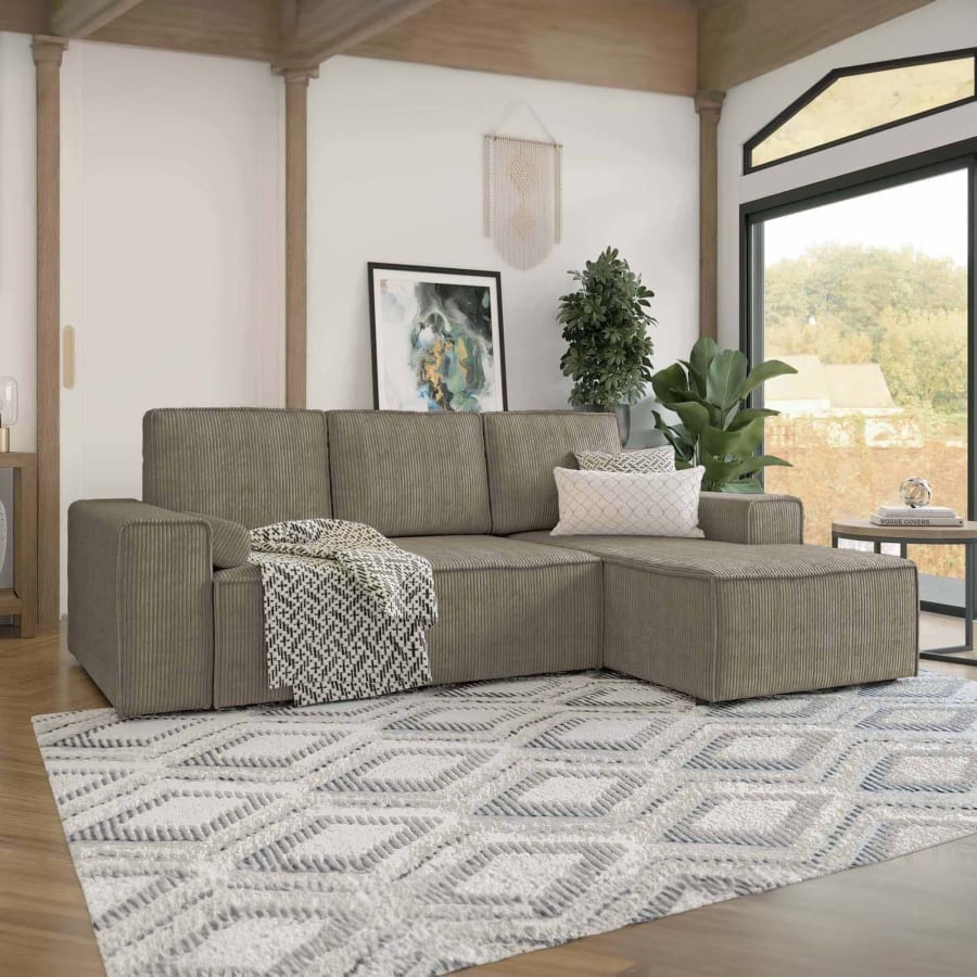 Canap&eacute; d'angle droit convertible avec coffre en velours c&ocirc;tel&eacute; taupe