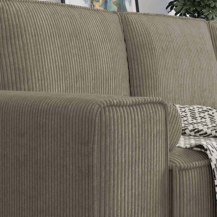 Canap&eacute; d'angle droit convertible avec coffre en velours c&ocirc;tel&eacute; taupe